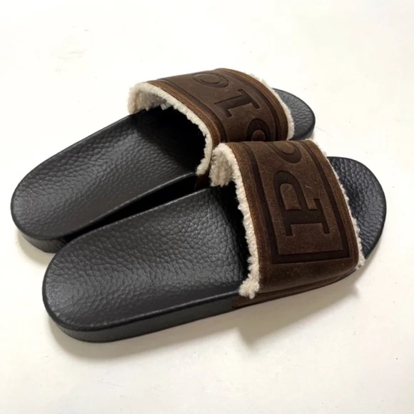 NWOB RALPH LAUREN Sherpa-Lined Shearling Slide Sandals Suede Brown Open Toe 11 - Picture 2 of 5
